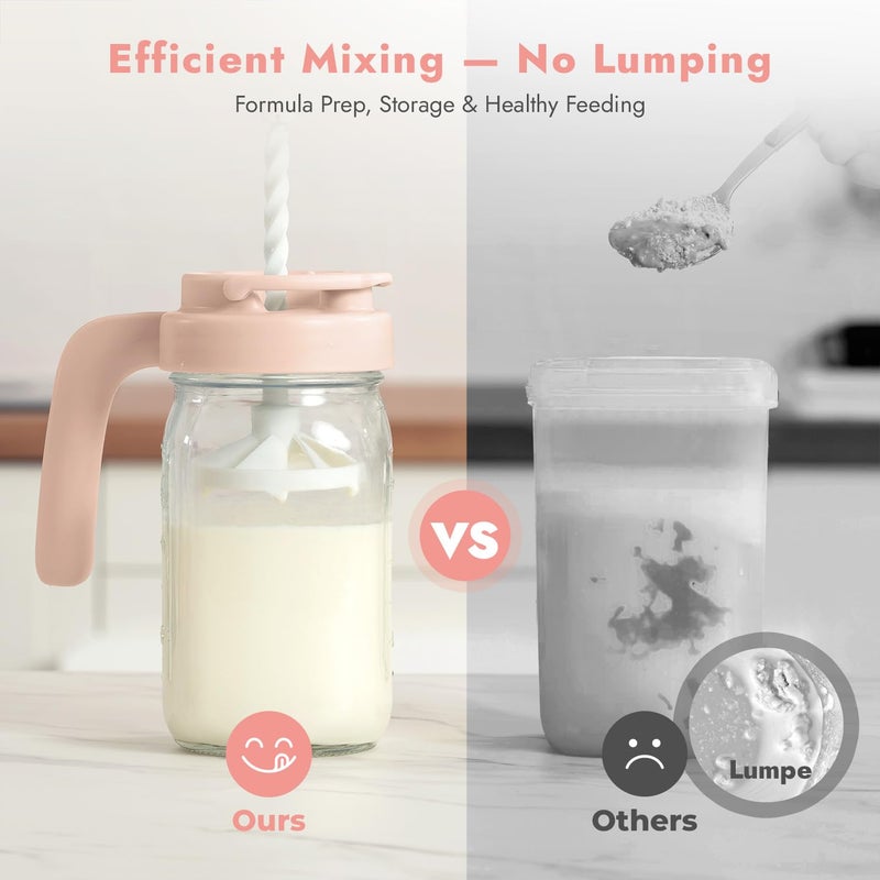 Papablic Glass Breastmilk Pitcher, Fast Baby Formula Maker with Mixing Handle Lid, Wide Mouth Mason Jar Breast Milk Storage Container with Flip-Lock Spout, BPA-Free, Pink. - Image 4